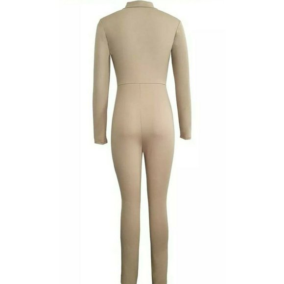 Tan and Black Long Sleeve Stretch Jumpsuit Size L - Picture 2 of 9